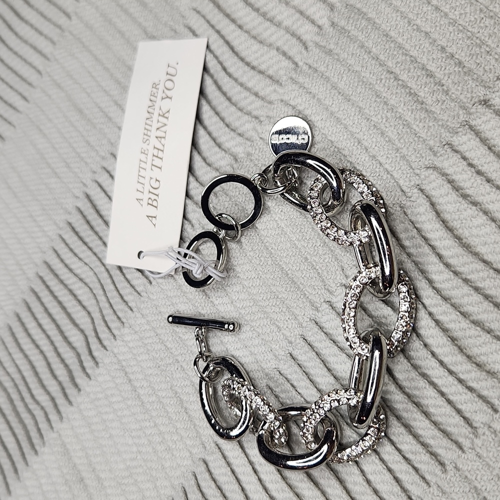 Chico's Silvertone Rhinestone Chain Link Bracelet Toggle Clasp
